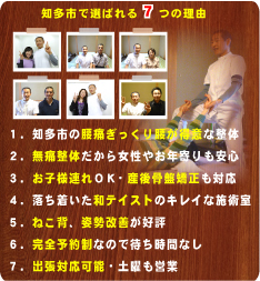 知多市で選ばれる７つの理由:１、知多市の腰痛ぎっくり腰が得意な整体、２、無痛整体だから女性やお年寄りも安心、３、お子様連れOK・産後骨盤矯正も対応、４、落ち着いた和テイストのキレイな施術室、５、ねこ背、姿勢改善が好評、６．完全予約制なので待ち時間なし、７．出張対応可能・土曜も営業